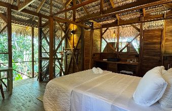 An academy house at sunset, embedded in the jungle